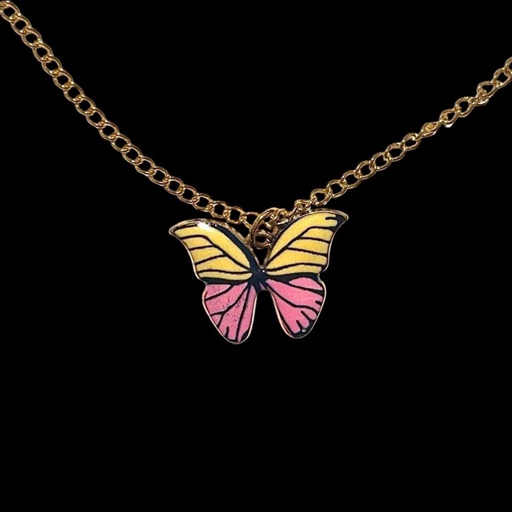 Light Yellow & Light Pink Butterfly Pendant Necklace
